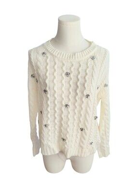 Cato White Cable Knit Chunky Sweater With Crystal Jeweled Accents Size Medium